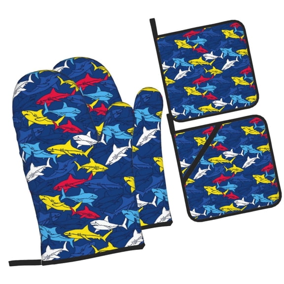 Naloa Cartoon Shark Oven Mitts and Pot Holders 4 pcs Set, Cooking Baking Grilling Kitchen Oven Glove for Cooking