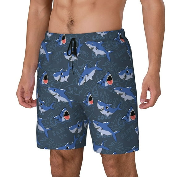 Naloa Cartoon Shark Print Men Swim Trunks with Compression Liner ,Board Shorts,Men's Swim Shorts with Drawstring and Elastic Waistband-XX-Large