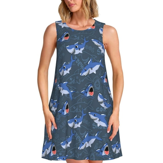 Naloa Cartoon Shark Print Women's Summer Spring Casual Beach Sundress,Vacation Sleeveless Tank Crewneck Loose Dresses