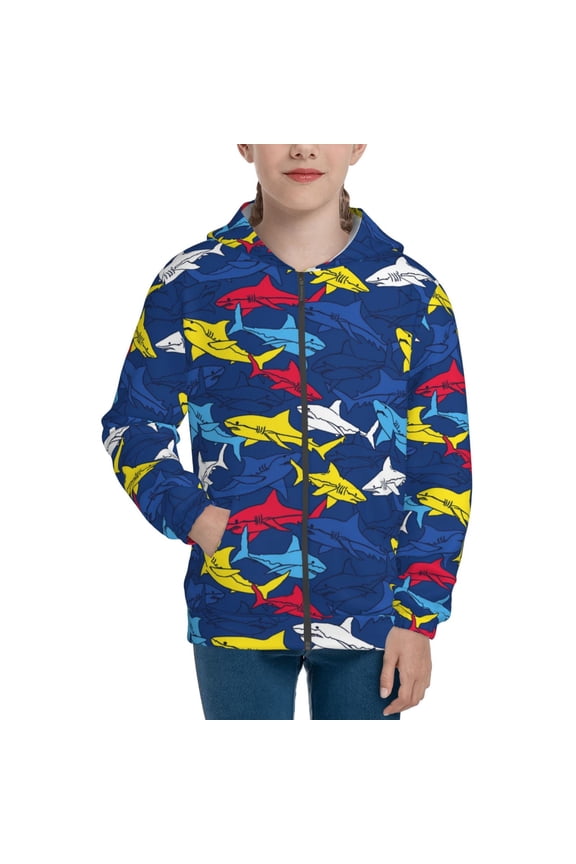 Cartoon Shark Teenage Zipper Hoodie, Long Sleeve Zip Up Hoodies Casual Jackets Tops for 7-12 Years-Small