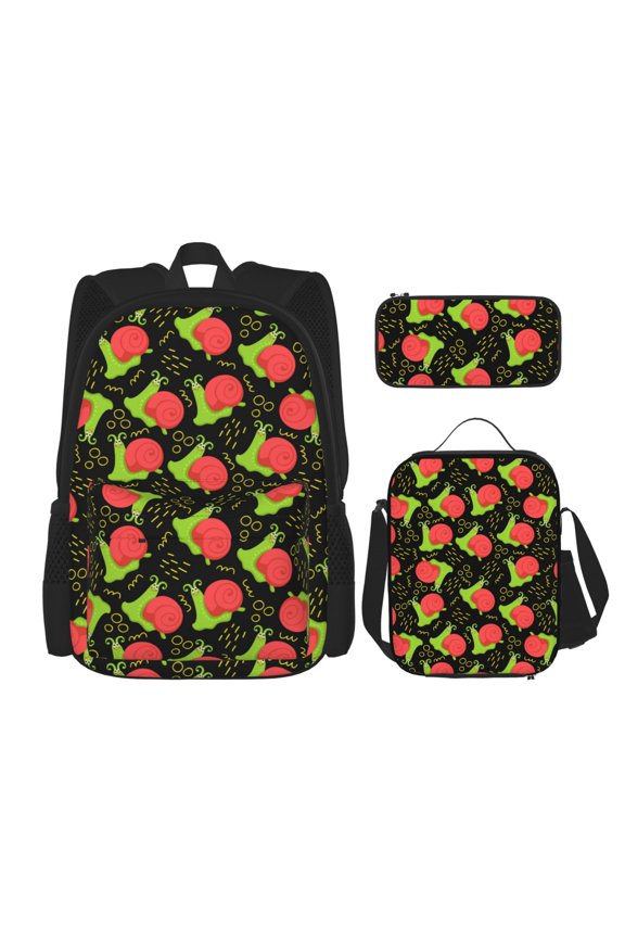 Cartoon Snail Print Large Capacity Backpack Lunch Bag Pencil Case Combination 3 Piece Set for Student
