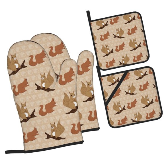 Naloa Cartoon Squirrel Oven Mitts and Pot Holders 4 pcs Set, Cooking Baking Grilling Kitchen Oven Glove for Cooking