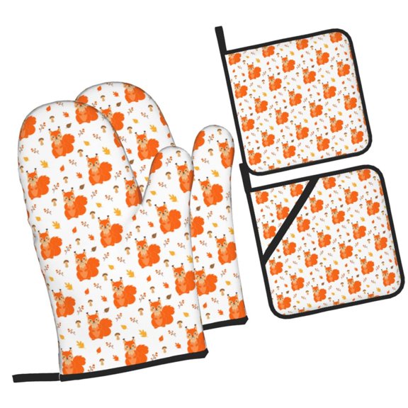 Naloa Cartoon Squirrel Oven Mitts and Pot Holders 4 pcs Set, Cooking Baking Grilling Kitchen Oven Glove for Cooking