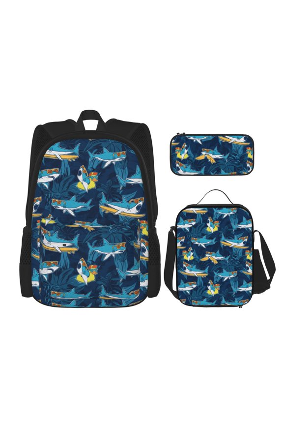 Cartoon Surfer Sharks Print Large Capacity Backpack Lunch Bag Pencil Case Combination 3 Piece Set for Student