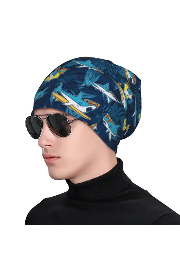 Cartoon Surfer Sharks Soft Beanie Hat, Knit Beanie Daily Beanie in Fine Knit for Women Men Winter Travel, Outdoor