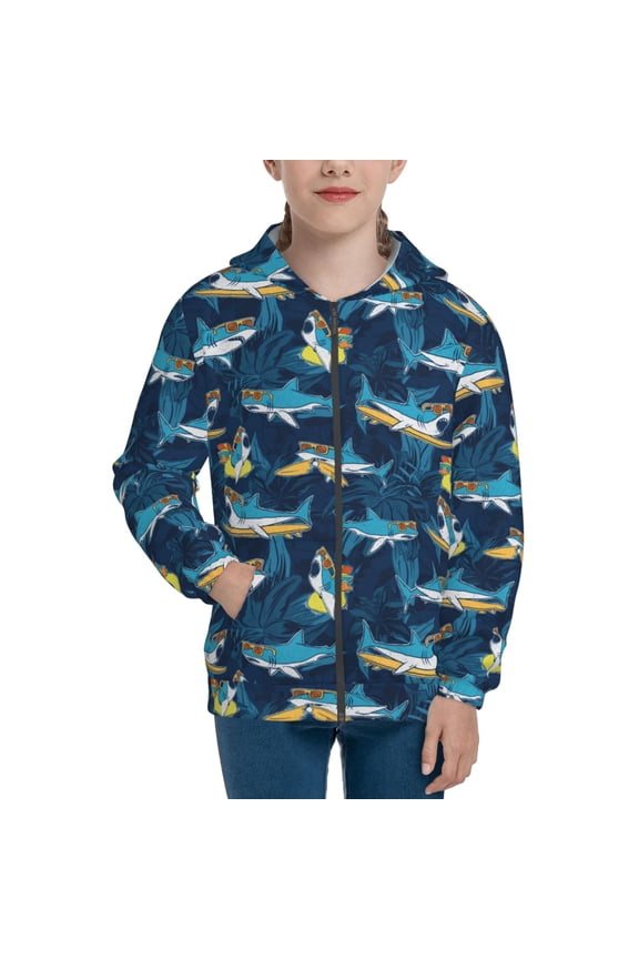 Cartoon Surfer Sharks Teenage Zipper Hoodie, Long Sleeve Zip Up Hoodies Casual Jackets Tops for 7-12 Years-Small