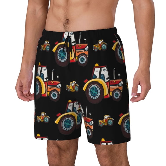 Naloa Cartoon Tractor Print Men Swim Trunks with Compression Liner ,Board Shorts,Men's Swim Shorts with Drawstring and Elastic Waistband-Medium