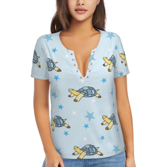 Naloa Cartoon Turtle Print T-Shirts Short Sleeve V Neck Tees for Women Fashion Tops Trendy Lightweight Soft Casual Summer Outfits Clothes