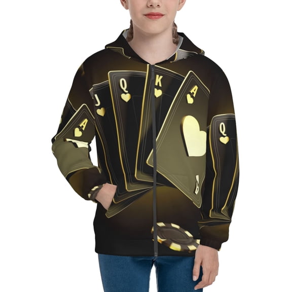 Naloa Casino Cards 1 Teenage Zipper Hoodie, Long Sleeve Zip Up Hoodies Casual Jackets Tops for 7-12 Years-Medium