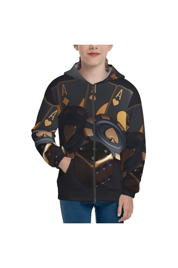Casino Cards Poker Teenage Zipper Hoodie, Long Sleeve Zip Up Hoodies Casual Jackets Tops for 7-12 Years-Medium