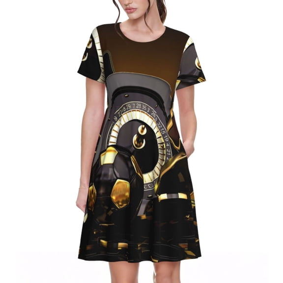 Naloa Casino Cards Print Womens Summer A-Line Dress with Pockets,Short Sleeve Dresses,Flowy Beach Swing Dress for Vacation Travel