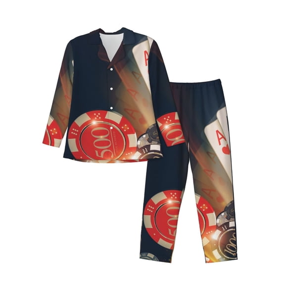 Naloa Casino Poker Chips Men’s Pajamas Set - Long Sleeve Button Down Sleep Shirt and Pajama Bottoms Sleepwear Set-X-Large