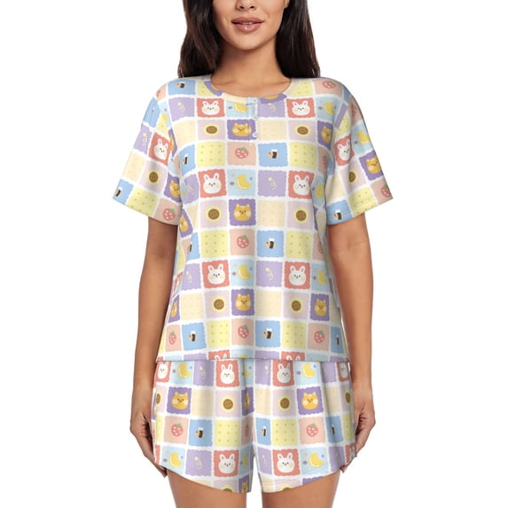 Naloa Cat And Rabbit Women's Short-Sleeved Pajama Set, Loungewear, Summer pajamas, Breathable Cozy - 4X-Large