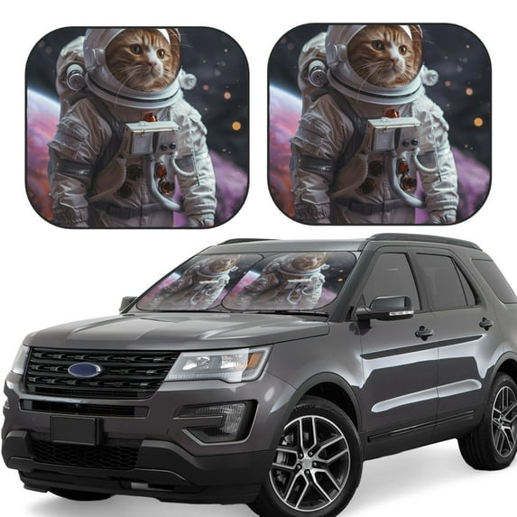 Naloa Cat Astronaut In Space Print 2-Piece Windshield Sunshade,Foldable Car Front Window Sun Shades,for Most Sedans SUV Truck-Large