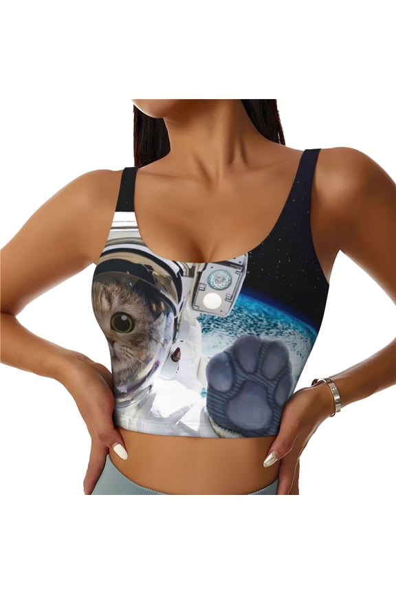 Cat Astronaut Sports Bras for Women, High Support Bra with Removable Pads, Comfortable - X-Large