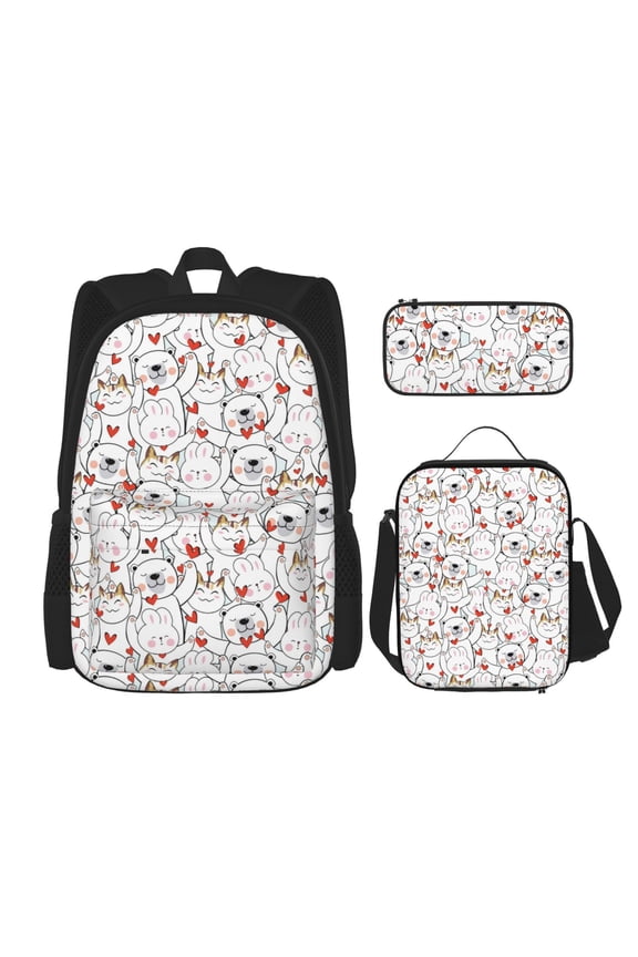 Cat Bear Rabbit Print Large Capacity Backpack Lunch Bag Pencil Case Combination 3 Piece Set for Student