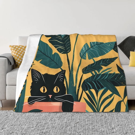 Naloa Cat Hiding In Potted Plants Flannel Fleece Throw Blanket for Bed Couch, Thick Blanket - All Seasons Suitable for Women, Men and Kids-50"x40"