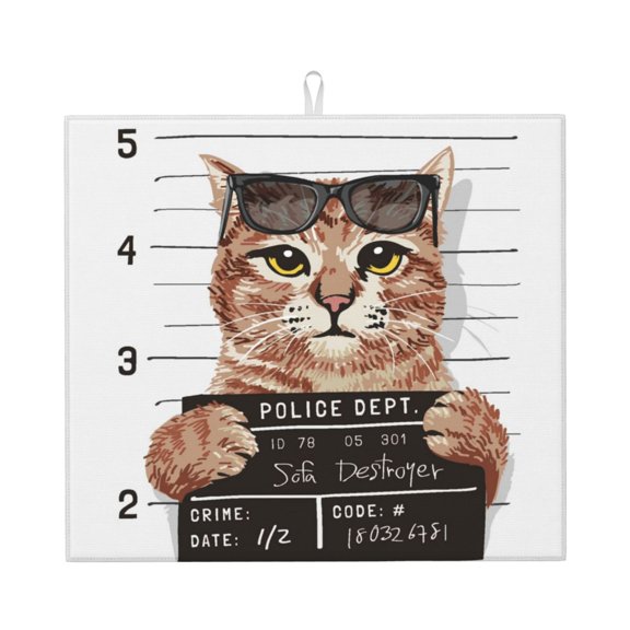 Naloa Cat Holding Mugshot Sign Dish Drying Mat for Kitchen Counter, Heat Resistant Drainer Mats, Absorbent Draining Mat,Dish Rack Pad,16"x18"