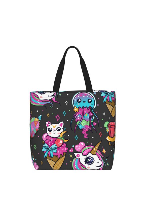 Cat Icecream Tote Bag for Women, Foldable Tote Bag With Zipper, Large Shoulder Bag, Top Handle Handbag for Travel, Work, Shopping