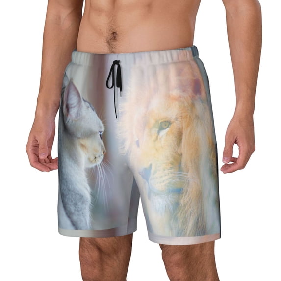 Naloa The Cat Looks in the Mirror Print Men Swim Trunks with Compression Liner ,Board Shorts,Men's Swim Shorts with Drawstring and Elastic Waistband-Small