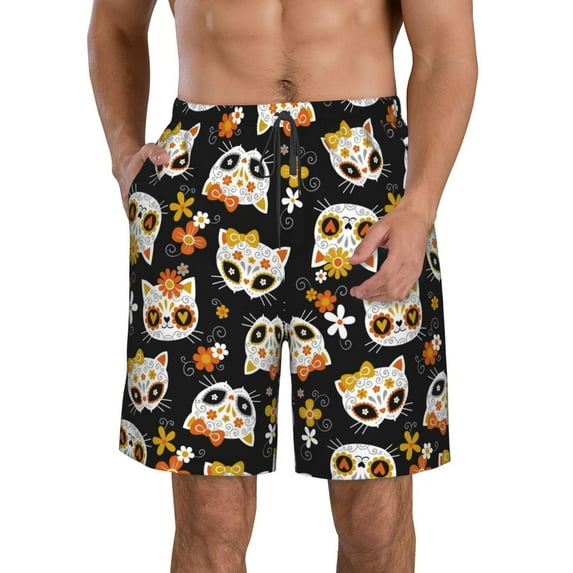 Naloa Cat Skulls and Flowers Men's Beach Shorts, Surfing shorts, Swim trunks, Quick Dry Swim Trunks for Surfing Beach Fun - 3X-Large
