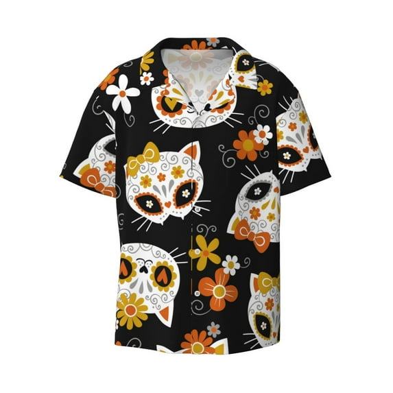 Naloa Cat Skulls and Flowers Men's Loose Fit Cuban Collar Short-Sleeve Shirt with Button-down and Chest Pocket for Everyday Wear Outings - Medium