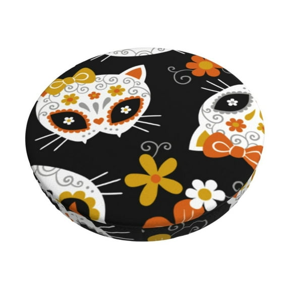 Naloa Cat Skulls and Flowers Round Bar Stool Cushion Cover 12-14 inch, Fits Kitchen, Office, Restaurant Chairs - 13 inch