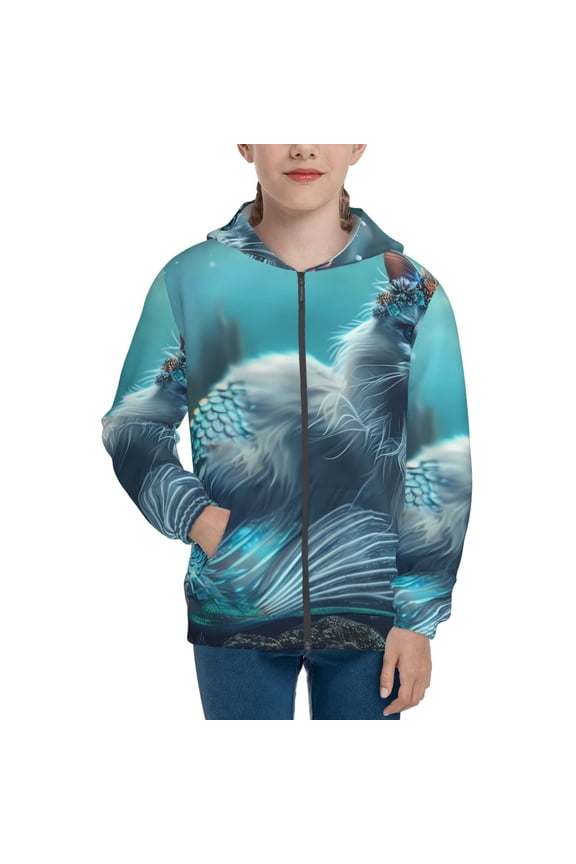 Cat Underwater Fantasy Teenage Zipper Hoodie, Long Sleeve Zip Up Hoodies Casual Jackets Tops for 7-12 Years-Medium