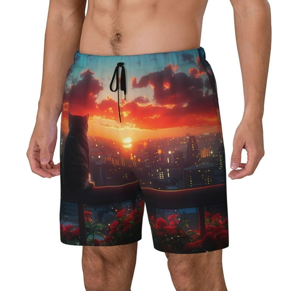 Naloa Cat Watching City Sunset Print Men Swim Trunks with Compression Liner ,Board Shorts,Men's Swim Shorts with Drawstring and Elastic Waistband-X-Large