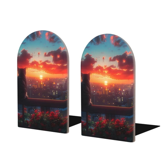 Naloa Cat Watching City Sunset Wood Non-Skid Bookend for Shelves,Book Ends for Heavy Books, Book Stand for CDs,1 Pair