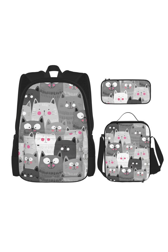 Cats Group Print Large Capacity Backpack Lunch Bag Pencil Case Combination 3 Piece Set for Student