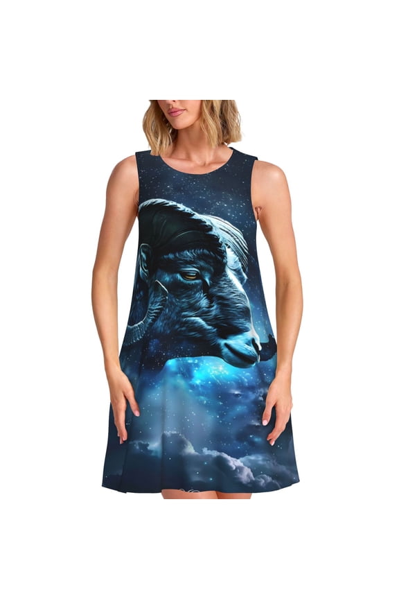 Celestial Ram Night Sky Print Women's Summer Spring Casual Beach Sundress,Vacation Sleeveless Tank Crewneck Loose Dresses