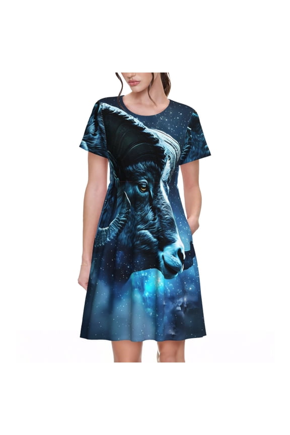 Celestial Ram Night Sky Print Womens Summer A-Line Dress with Pockets,Short Sleeve Dresses,Flowy Beach Swing Dress for Vacation Travel