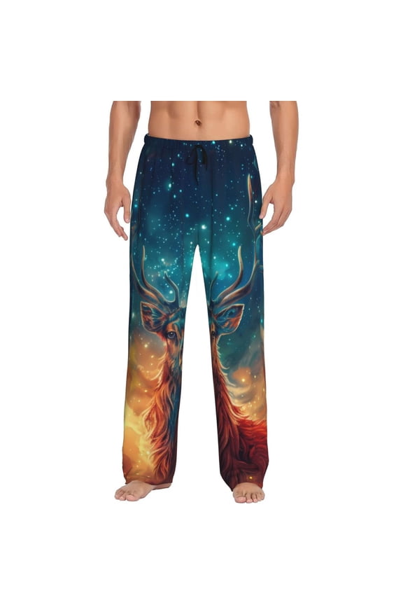 Celestial Stag Cosmic Glow Pajama Pants Men, PJ Bottoms, Sleep & Lounge Pants-Small