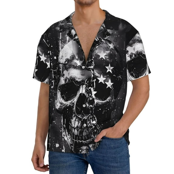 Naloa Chained Skull Artwork Men's Loose Fit Cuban Collar Short-Sleeve Shirt, Hawaiian Shirts, Mens Shirts Casual for Everyday Wear Outings-XX-Large
