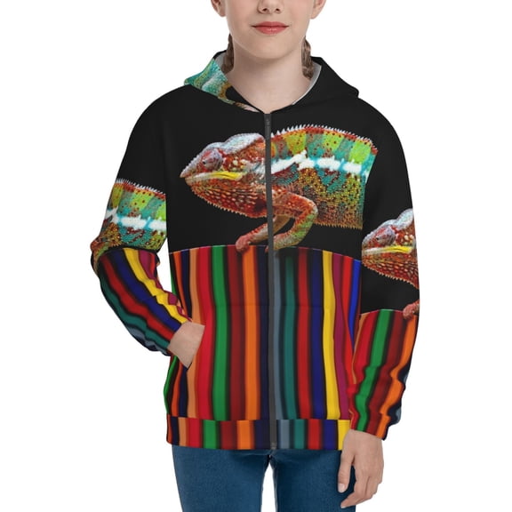Naloa Chameleon Panther On Colored Pencils Teenage Zipper Hoodie, Long Sleeve Zip Up Hoodies Casual Jackets Tops for 7-12 Years-Medium