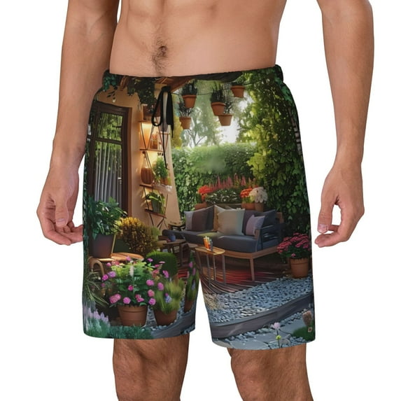 Naloa Charming Garden Patio Print Men Swim Trunks with Compression Liner ,Board Shorts,Men's Swim Shorts with Drawstring and Elastic Waistband-X-Large