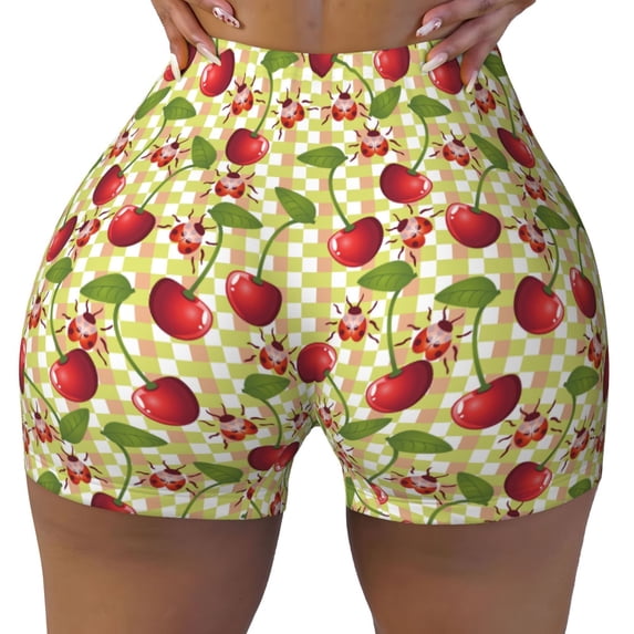 Naloa Cherries and Ladybirds Biker Shorts for Women Seamless Scrunch Short Women’s Yoga Shorts for Gym Running Sport Shorts - Medium