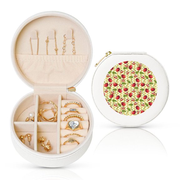 Naloa Cherries and Ladybirds Round Jewelry Box, Travel Jewelry Organizer, 3.9 x 3.9 x 2in Jewelry Storage Box for Women-White