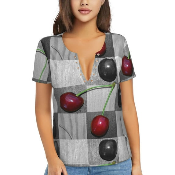Naloa Cherries laid Print T-Shirts Short Sleeve V Neck Tees for Women Fashion Tops Trendy Lightweight Soft Casual Summer Outfits Clothes
