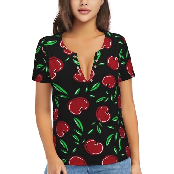 Naloa Cherry Print T-Shirts Short Sleeve V Neck Tees for Women Fashion Tops Trendy Lightweight Soft Casual Summer Outfits Clothes