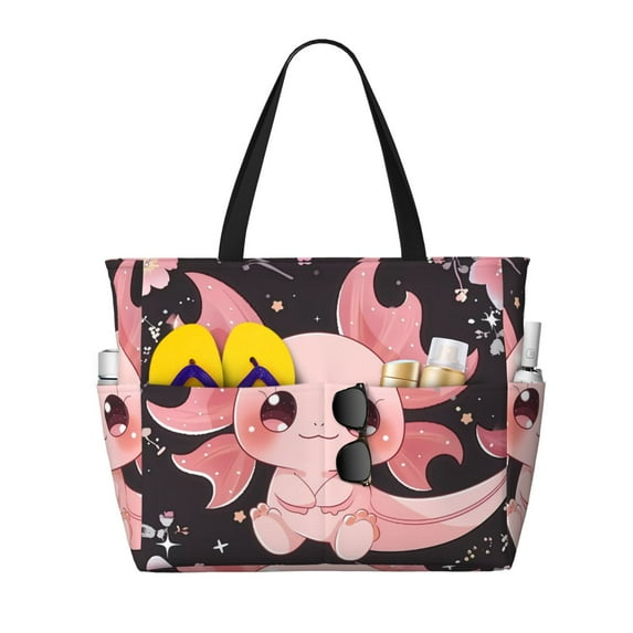 Naloa Chibi Axolotl Sakura Fantasy Large Capacity Beach Bag, Waterproof Sandproof Beach Swim Pool Bag Tote Bag for Women