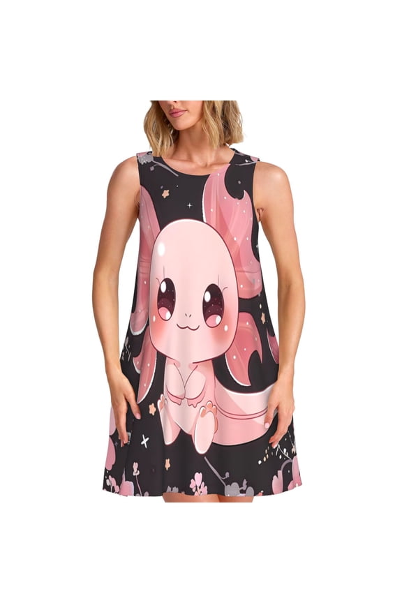 Chibi Axolotl Sakura Fantasy Print Women's Summer Spring Casual Beach Sundress,Vacation Sleeveless Tank Crewneck Loose Dresses