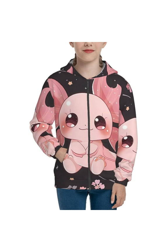 Chibi Axolotl Sakura Fantasy Teenage Zipper Hoodie, Long Sleeve Zip Up Hoodies Casual Jackets Tops for 7-12 Years-Medium