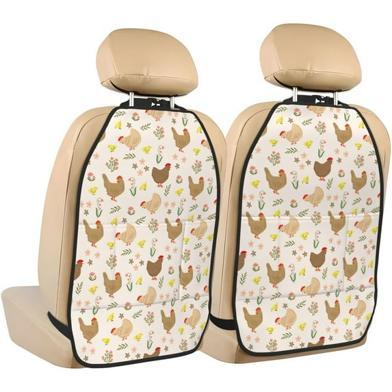 Naloa Chicken Family 2Pcs Anti-Kick Back Seat Cover Kick Mat, Car Seat Protector with 3 Storage Pockets