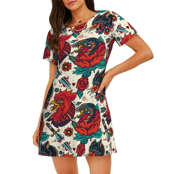 Naloa Chicken Print Women Nightgowns,Womens Loungewear,Short Sleeve Sleepwear,Comfy Ladies Nightdress