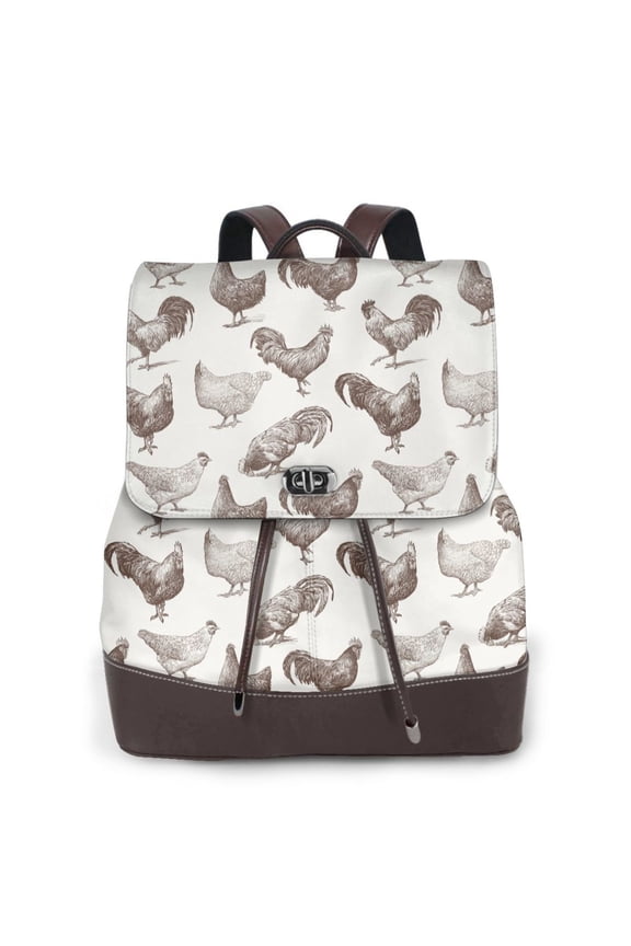 Chickens Print Women's Leather Backpack,Travel Laptop Backpack,Fashion Ladies Leather Backpack Bag for Travel,Leather Drawstring Daypack for Me