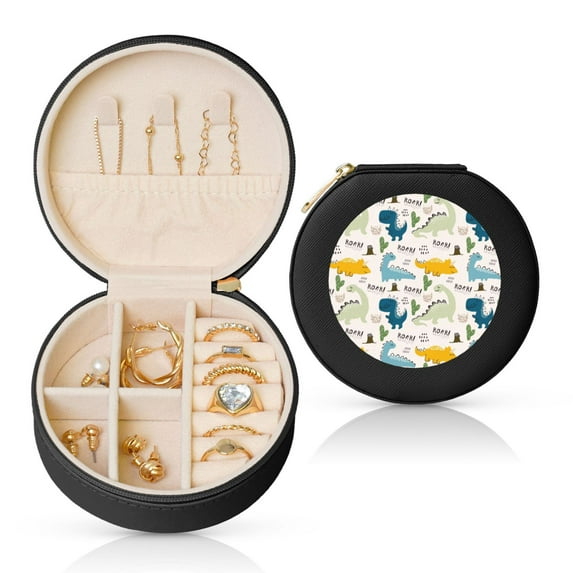 Naloa Childish Dinosaur Round Jewelry Box, Travel Jewelry Organizer, 3.9 x 3.9 x 2in Jewelry Storage Box for Women-Black