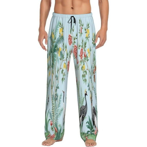 Naloa Chinoiserie Floral Palm Tree Pajama Pants Men, PJ Bottoms, Sleep & Lounge Pants-X-Large