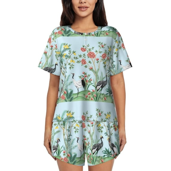 Naloa Chinoiserie Floral Palm Tree Women's Short-Sleeved Pajama Set, Loungewear, Summer pajamas, Breathable Cozy - 3X-Large